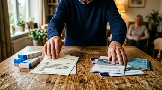 Senior person reviewing healthcare documents and financial planning materials in a calm home setting