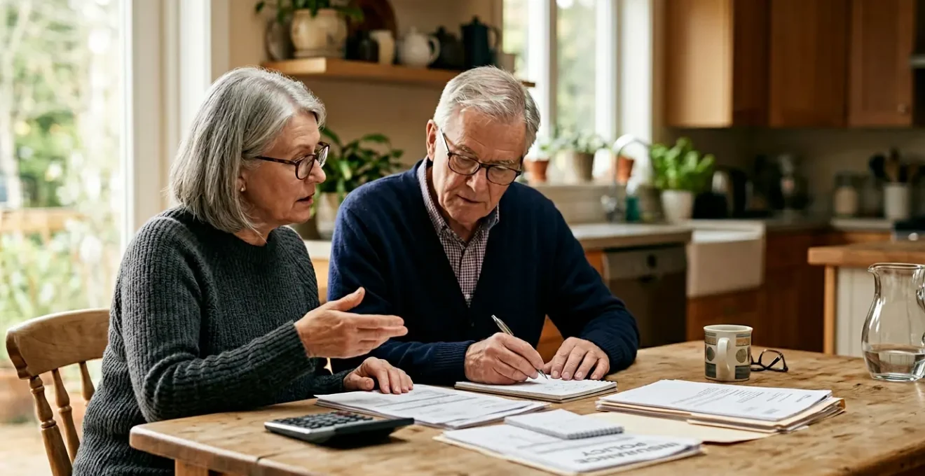 Senior couple reviewing medical insurance documents with calculator planning healthcare costs