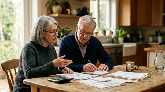 Senior couple reviewing medical insurance documents with calculator planning healthcare costs