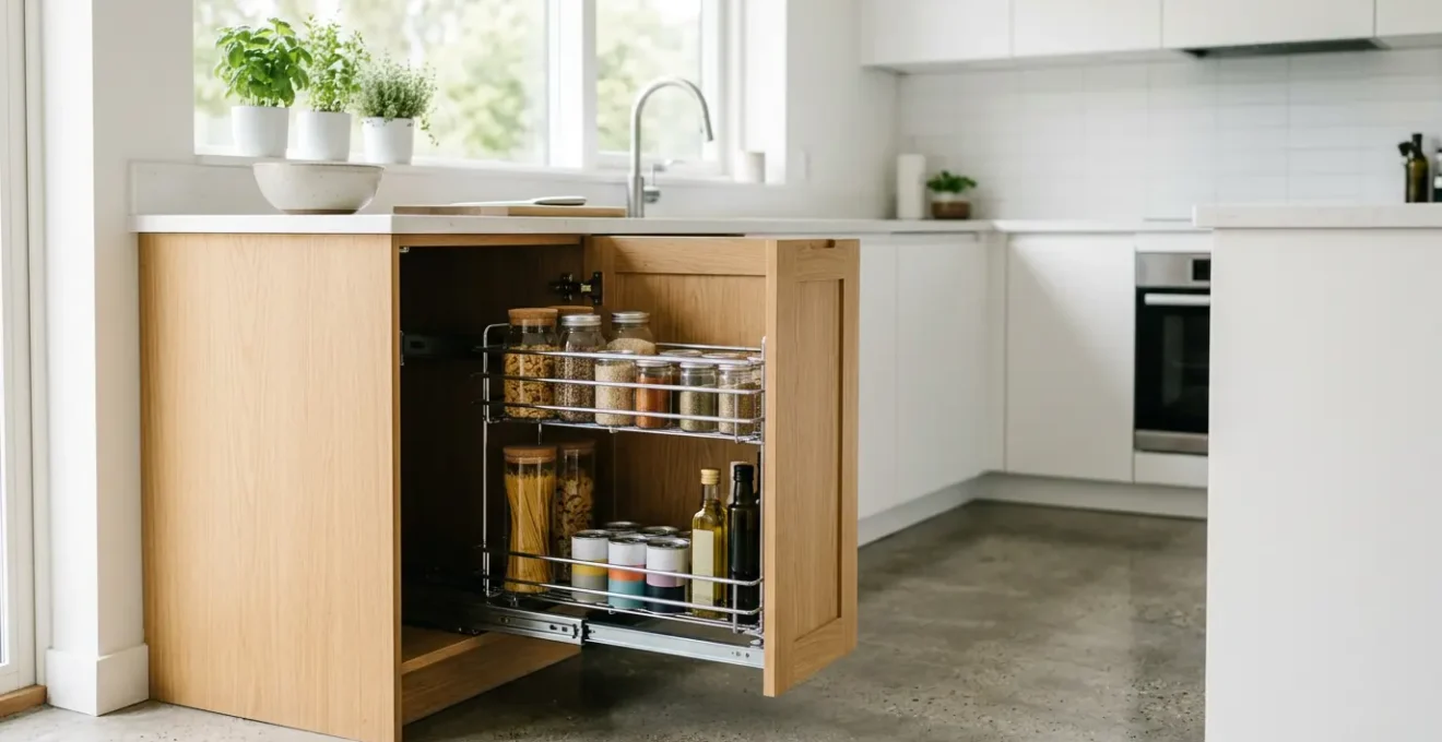 Modern kitchen base cabinet with pull-out wire basket sliding smoothly on full-extension runners showing accessible storage