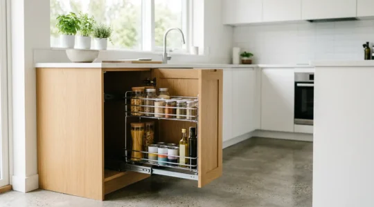 Modern kitchen base cabinet with pull-out wire basket sliding smoothly on full-extension runners showing accessible storage