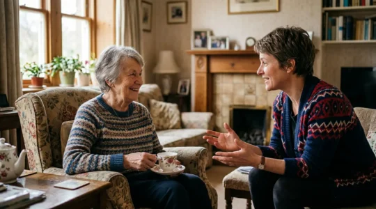 Compassionate home care scene showing continuity and trust in UK domestic setting