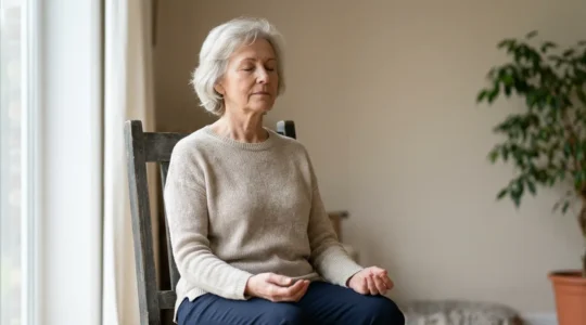 Senior practicing gentle chair yoga breathing exercise for arthritis pain management in comfortable home setting