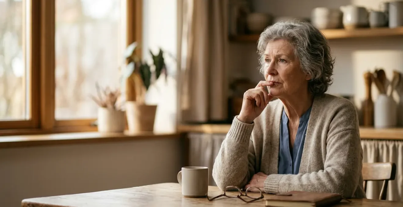 A thoughtful older adult pausing during daily activity, symbolizing the subtle transition between normal aging and mild cognitive impairment