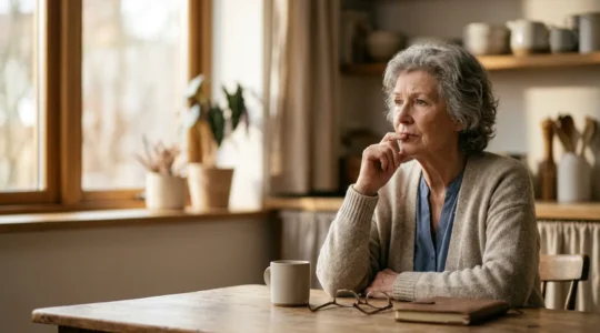 A thoughtful older adult pausing during daily activity, symbolizing the subtle transition between normal aging and mild cognitive impairment