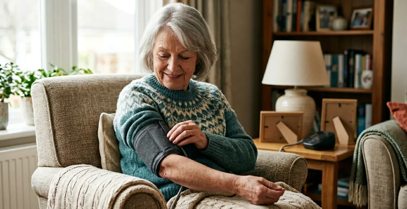 Senior person at home using medical monitoring device with natural lighting showing independent health management