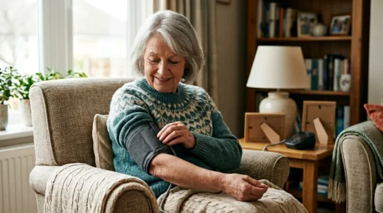 Senior person at home using medical monitoring device with natural lighting showing independent health management
