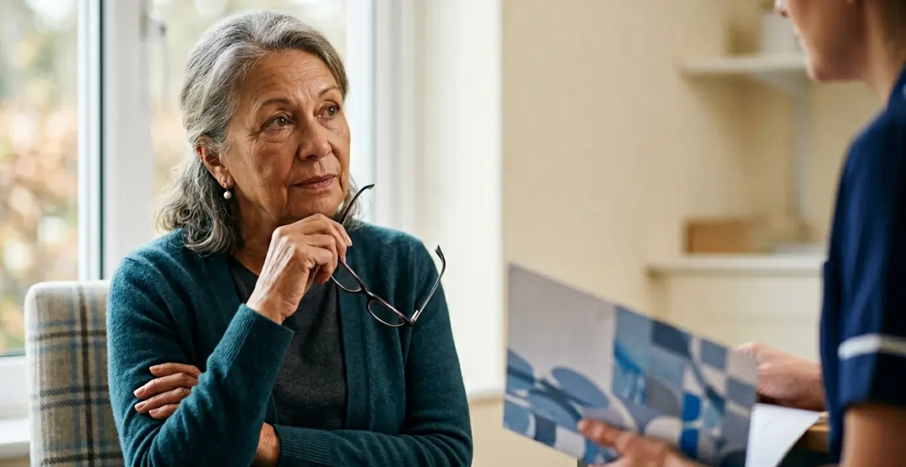 Senior person thoughtfully reviewing health check results with medical professional guidance
