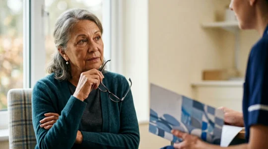 Senior person thoughtfully reviewing health check results with medical professional guidance
