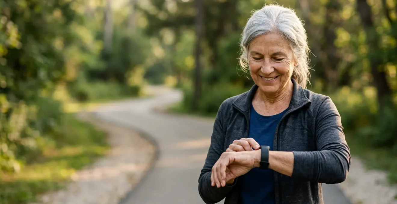 Senior adult measuring heart rate during gentle outdoor cardio exercise wearing fitness tracker