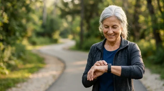 Senior adult measuring heart rate during gentle outdoor cardio exercise wearing fitness tracker