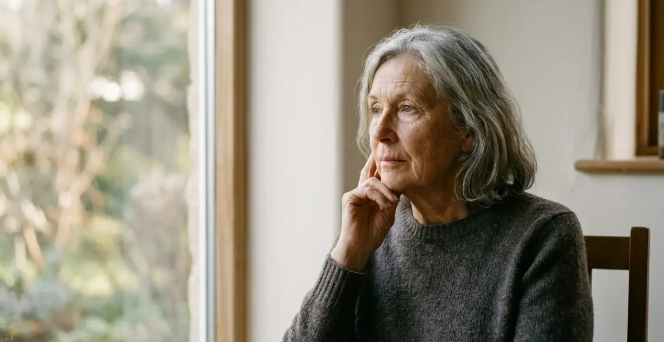 Close-up portrait of thoughtful senior person gazing through window with soft natural light, contemplative expression revealing emotional depth
