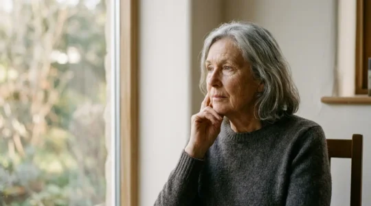 Close-up portrait of thoughtful senior person gazing through window with soft natural light, contemplative expression revealing emotional depth
