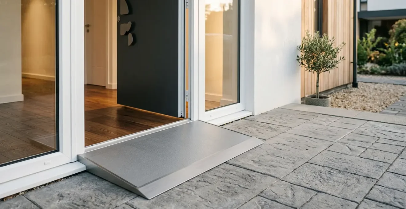 Close-up view of a threshold ramp installed at a modern door entrance showing seamless transition for wheelchair access