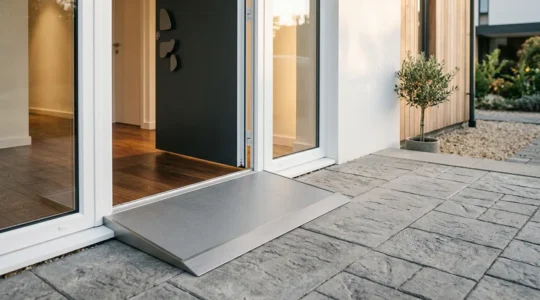 Close-up view of a threshold ramp installed at a modern door entrance showing seamless transition for wheelchair access