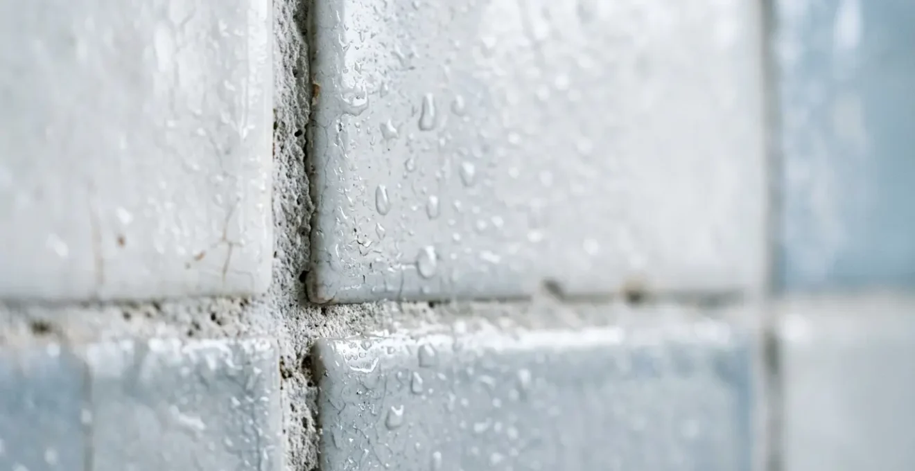 Close-up of Victorian-era porous bathroom tiles with water droplets showing surface texture incompatibility for suction devices