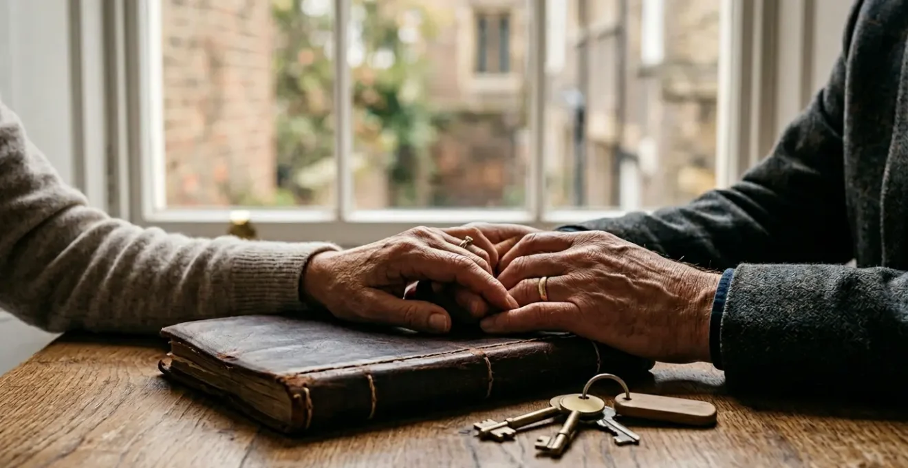 Strategic financial planning scene showing careful asset management and protection for elderly care needs