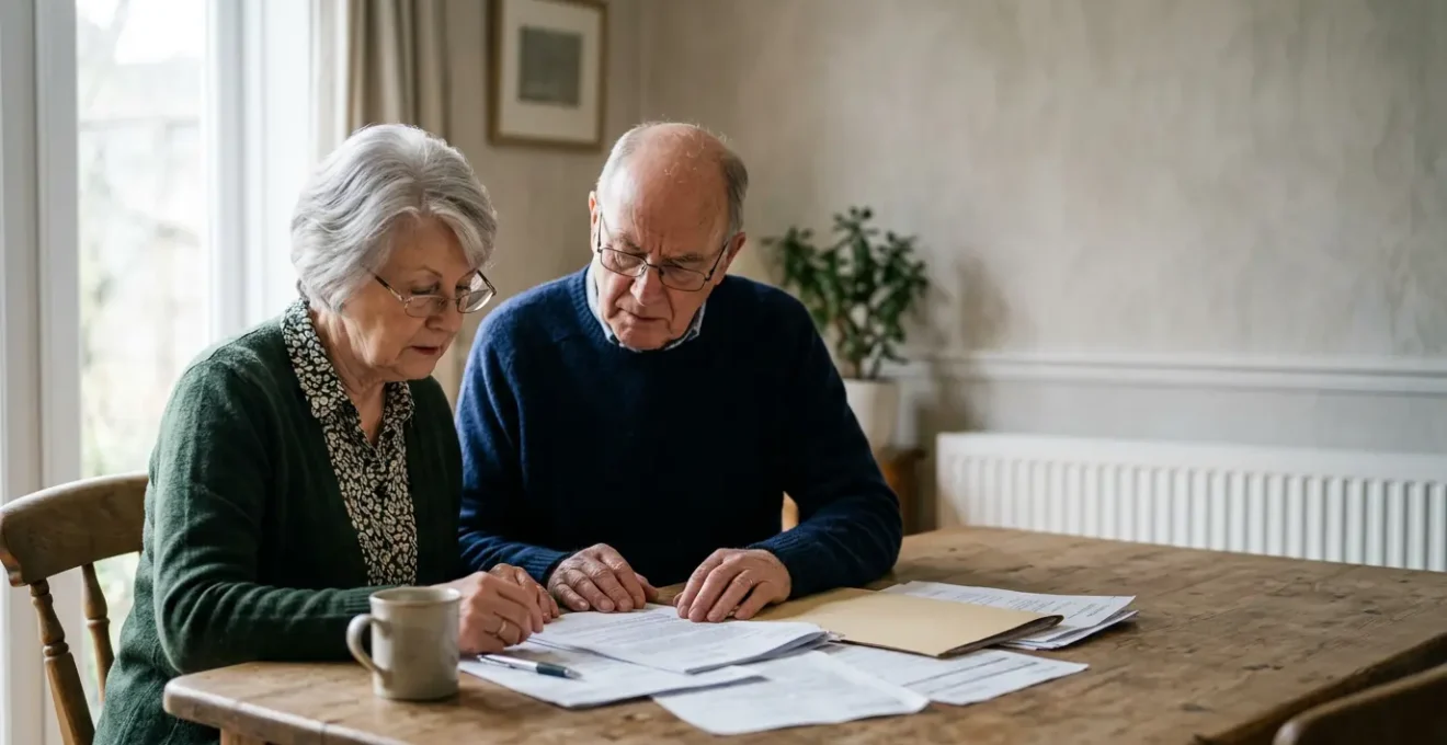Senior couple reviewing important documents together at home with warm natural lighting