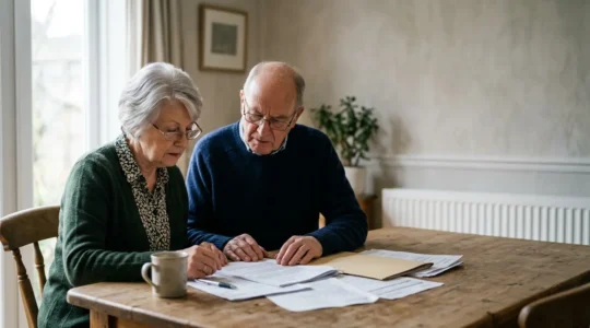 Senior couple reviewing important documents together at home with warm natural lighting