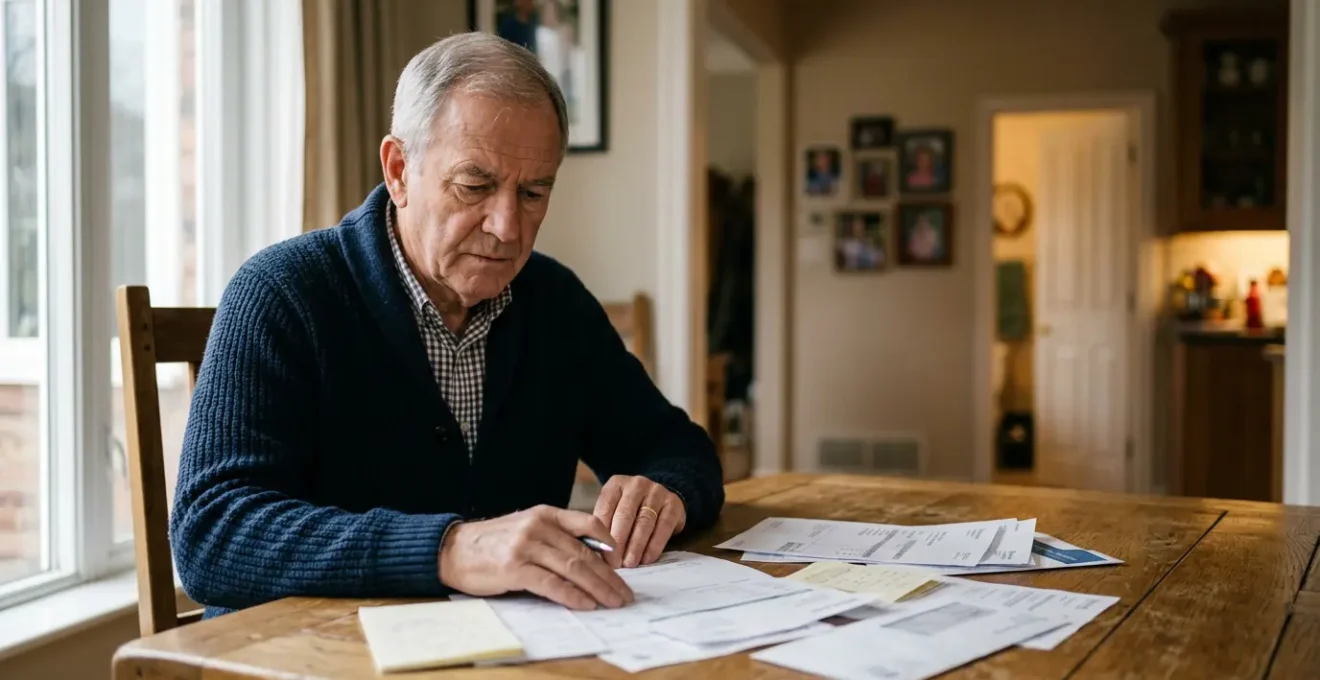Senior reviewing care home financial documents with concerned expression in natural home setting