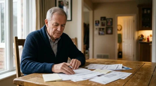 Senior reviewing care home financial documents with concerned expression in natural home setting