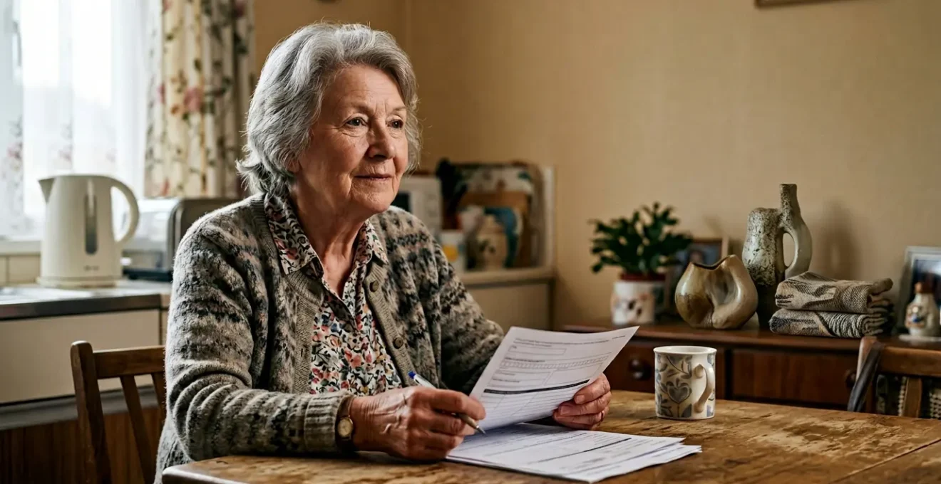 Elderly person reviewing housing application documents in a modest UK flat with natural window light