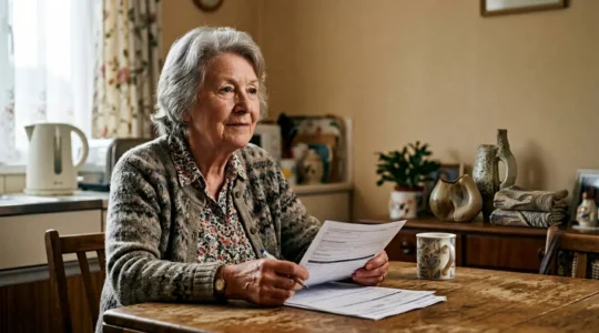 Elderly person reviewing housing application documents in a modest UK flat with natural window light