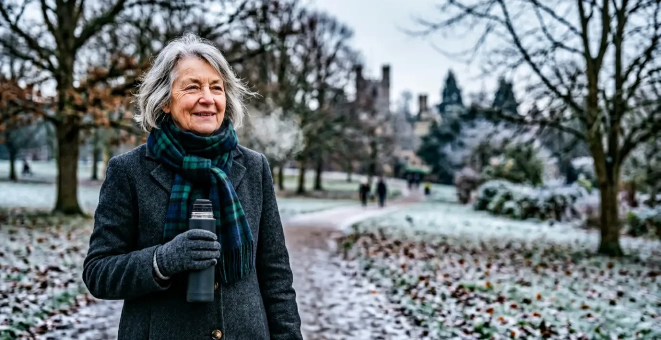 A dignified senior individual in warm British winter attire maintaining wellness during cold season