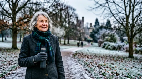 A dignified senior individual in warm British winter attire maintaining wellness during cold season