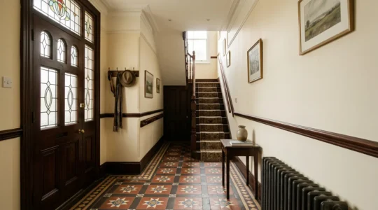 Victorian terrace house hallway with period features adapted for senior accessibility
