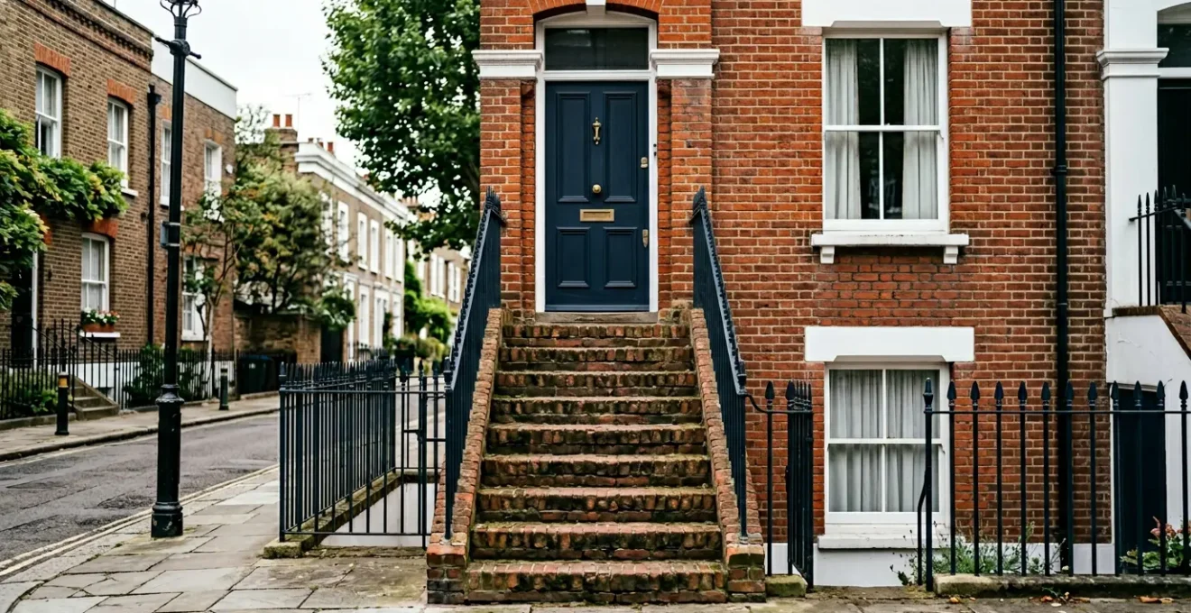 Elegant Victorian terraced house entrance with steep front steps and iron handrails adapted for rollator accessibility