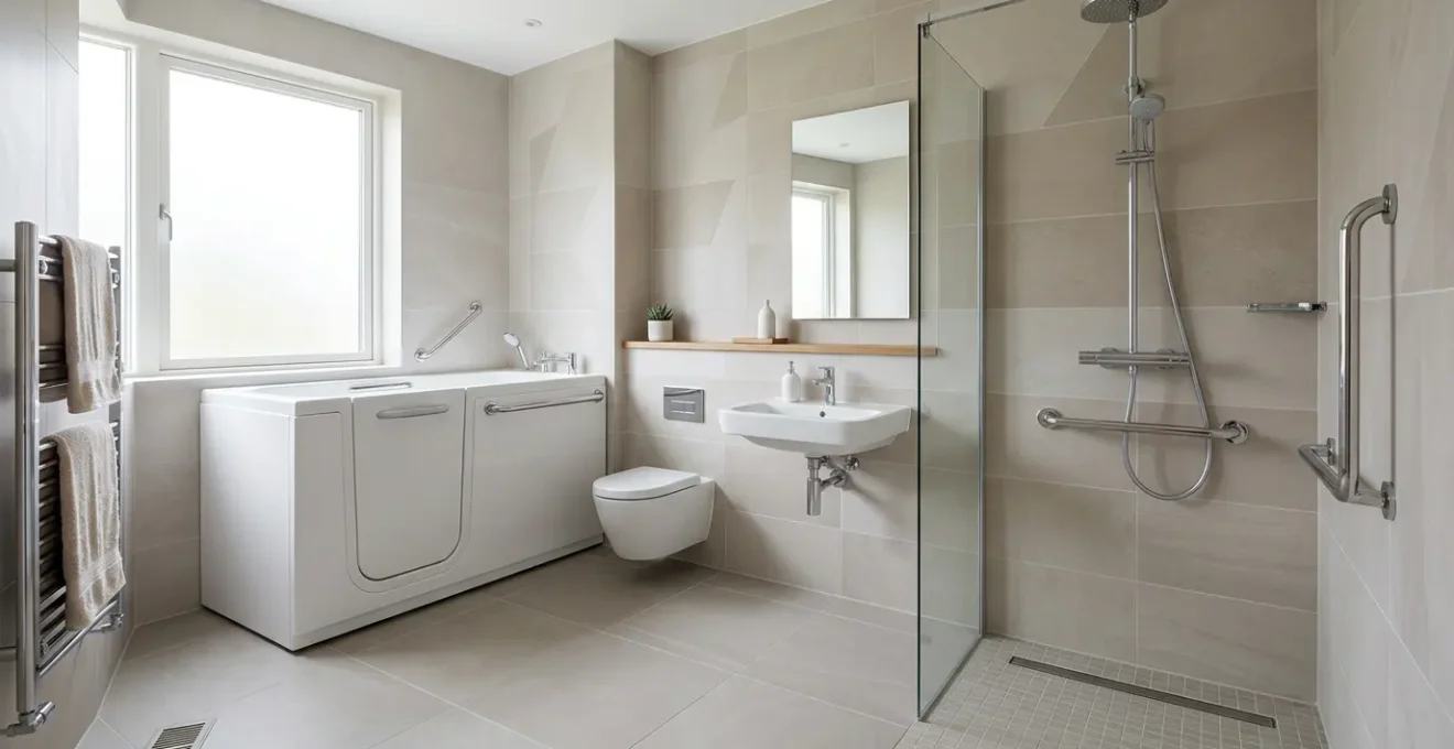 Modern accessible bathroom featuring walk-in bath and wet room design elements in UK home interior