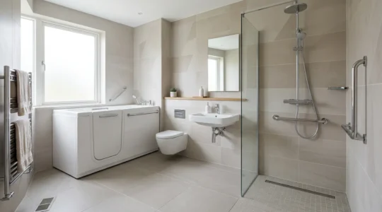 Modern accessible bathroom featuring walk-in bath and wet room design elements in UK home interior
