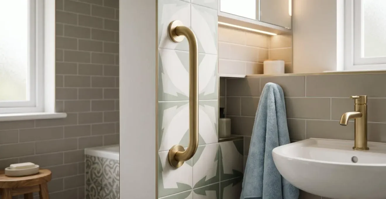 Stylish bathroom grab rail combining safety function with period-appropriate aesthetic design