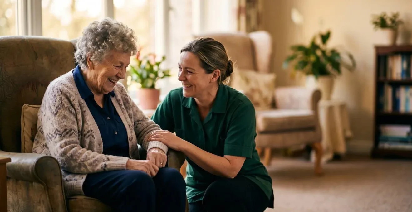 Genuine moment of care showing warm interaction between care home staff and elderly resident