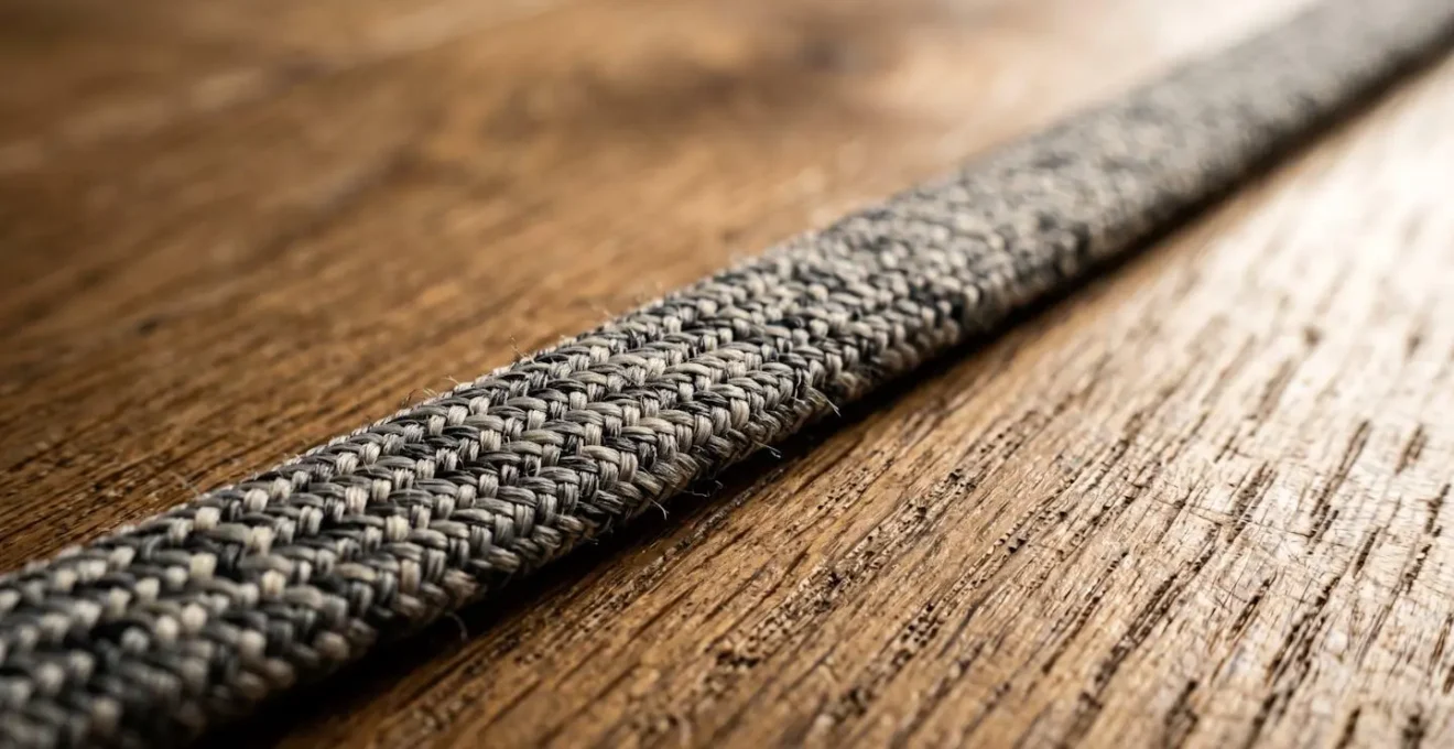 Extreme macro close-up of flat braided charging cable lying flush against wooden floor surface with visible texture detail