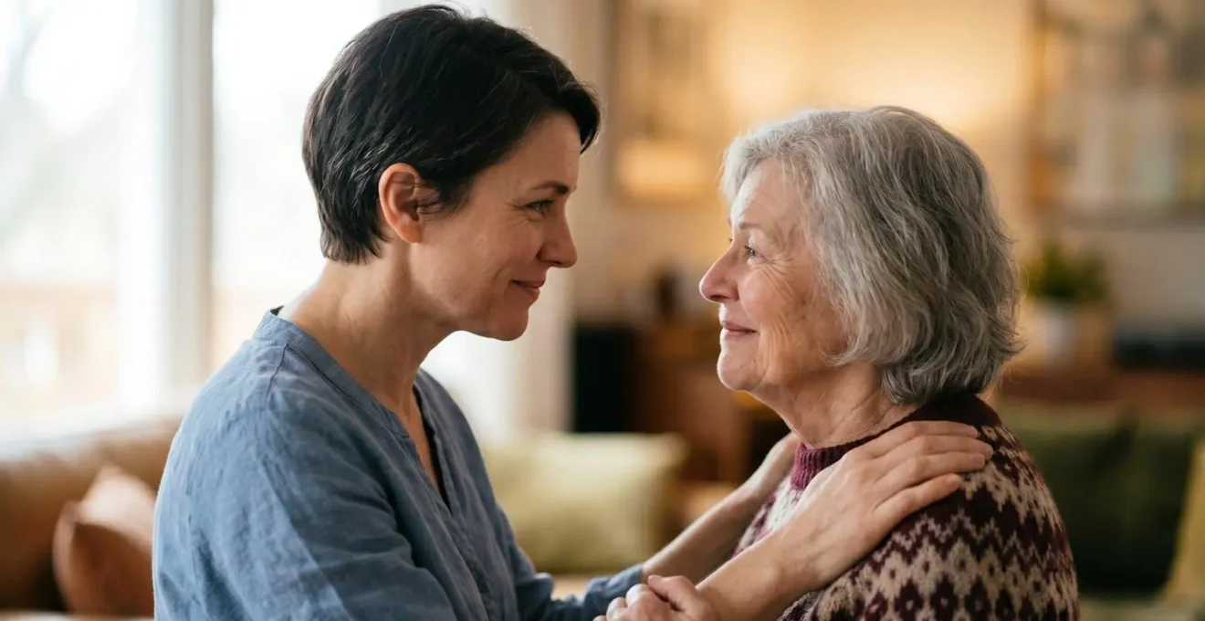 Close intimate moment between caregiver and senior during emotional exchange showing empathetic connection