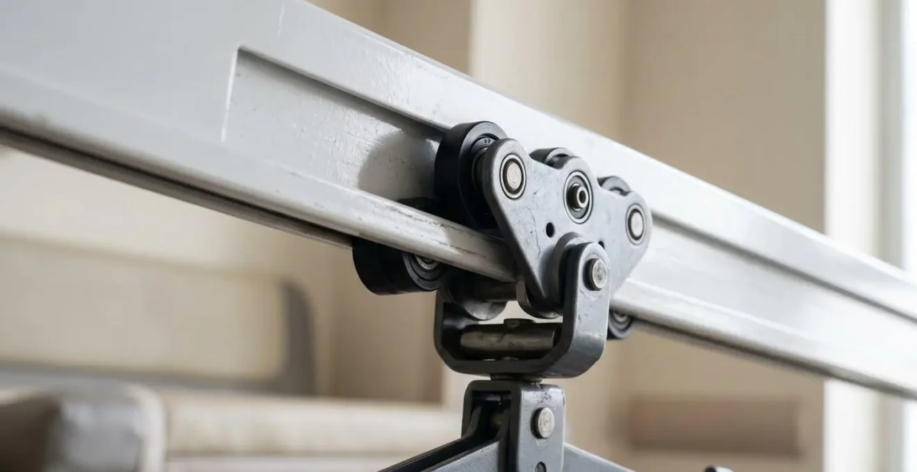 Close-up view of ceiling-mounted hoist track system and height-adjustable changing bench in Changing Places facility