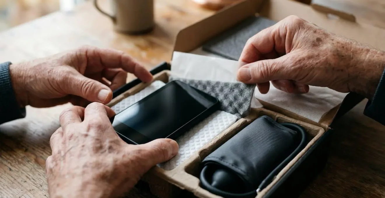 Close-up of hands opening medical monitoring kit with cellular-enabled tablet device, showing simple out-of-box setup process