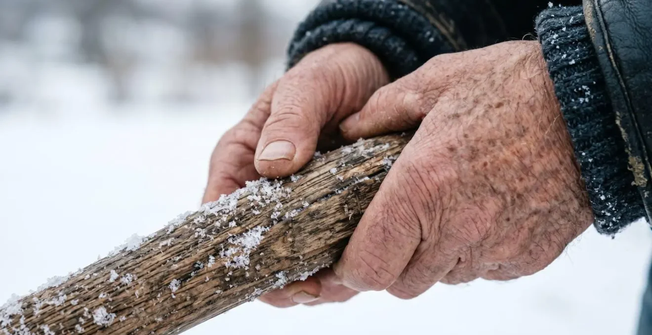 Close-up of hands in winter gloves gripping a snow shovel handle outdoors in cold weather