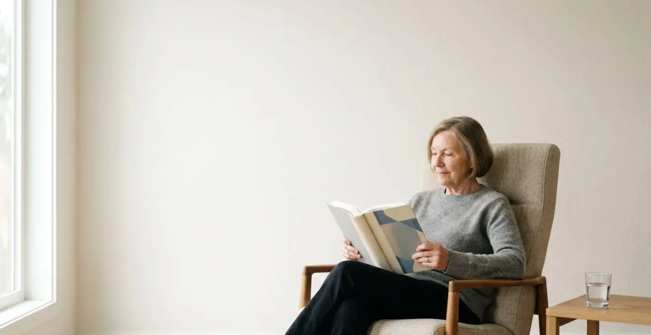 Senior reading comfortably in ergonomic chair with natural light, relaxed posture showing accessible engagement