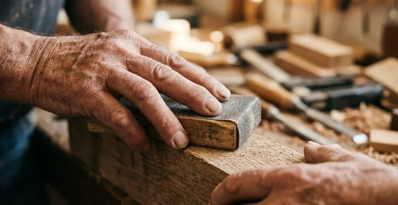Macro close-up of senior hands working with woodworking tools, showing texture and tactile detail of craftsmanship in warm workshop light