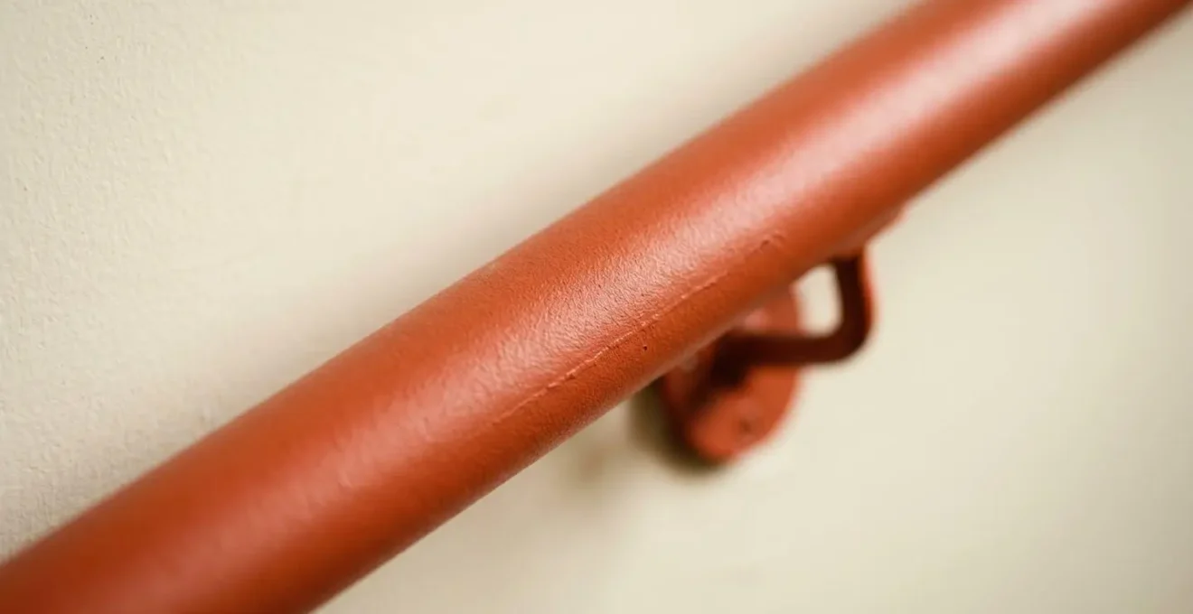 Close-up macro detail of a bright contrasting handrail against a neutral wall showing tactile texture and clear visual distinction for dementia patients