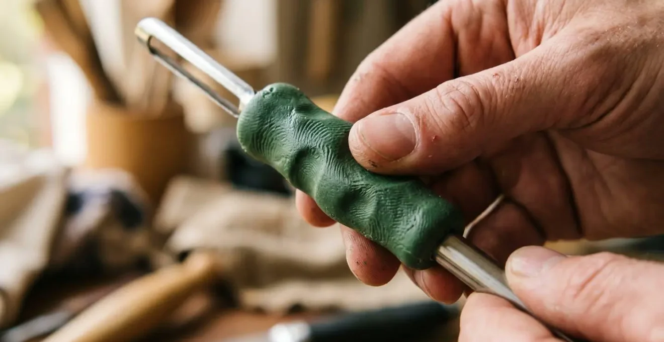 Close-up macro view of ergonomic moldable grip material being applied to standard kitchen peeler handle for arthritis adaptation