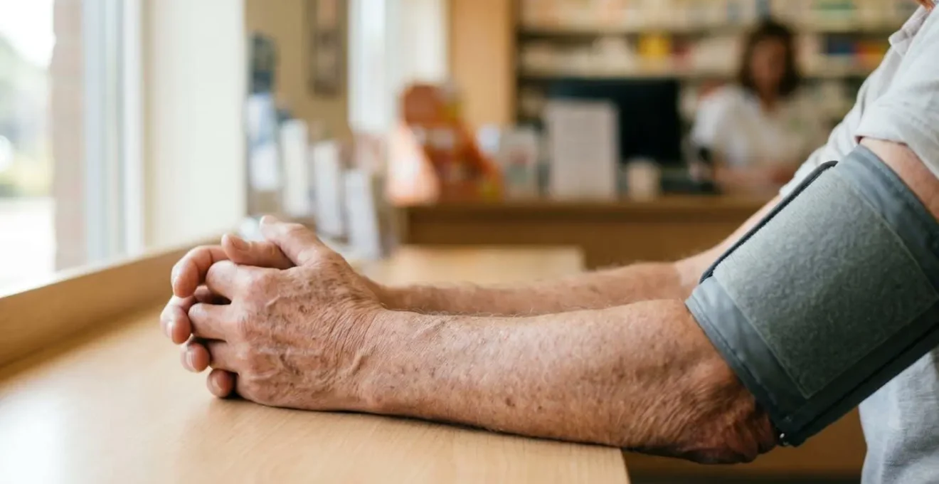 Senior receiving blood pressure monitoring in community pharmacy setting