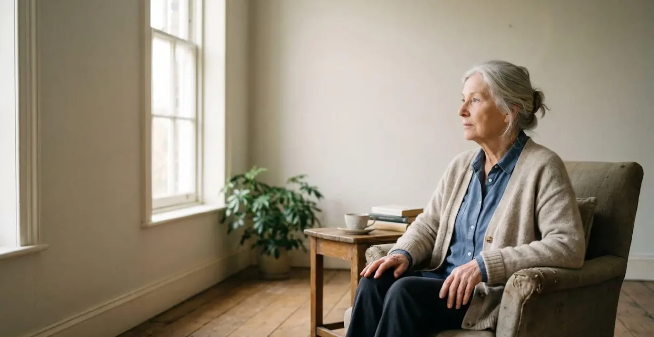 Elderly person sitting by a bright window in a peaceful home setting, captured in a wide environmental portrait showing thoughtful reflection