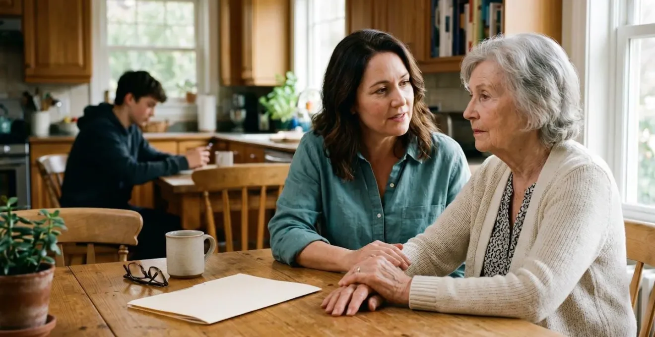 Multi-generational family in thoughtful discussion around kitchen table planning care arrangements