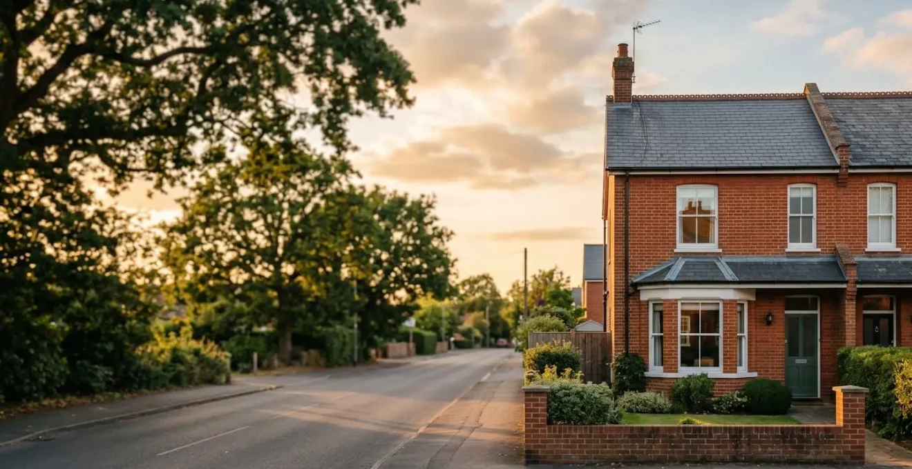 Wide environmental shot showing a British family home in context, representing long-term security and generational planning