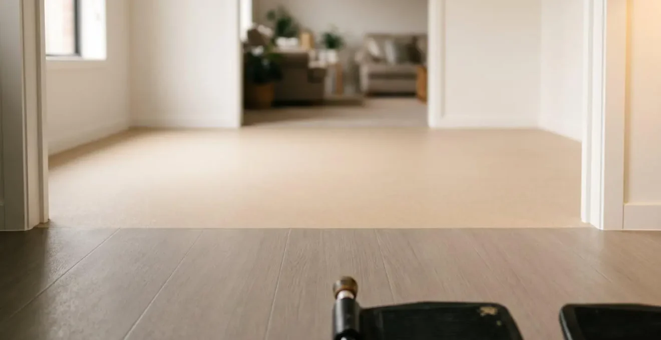 Architectural detail of perfectly flush floor threshold transition between rooms showing seamless accessibility