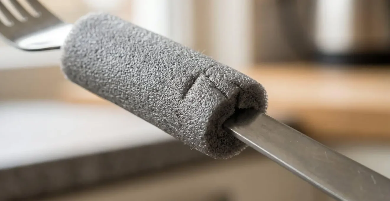 Close-up macro view of foam pipe insulation wrapped around a kitchen utensil handle demonstrating DIY arthritis adaptation